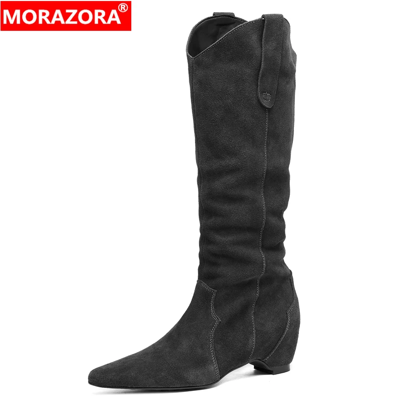 

MORAZORA INS NEW Cow Suede Knee High Boots Women High Heels Autumn Winter Western Boots Ladies Party Dress Shoes