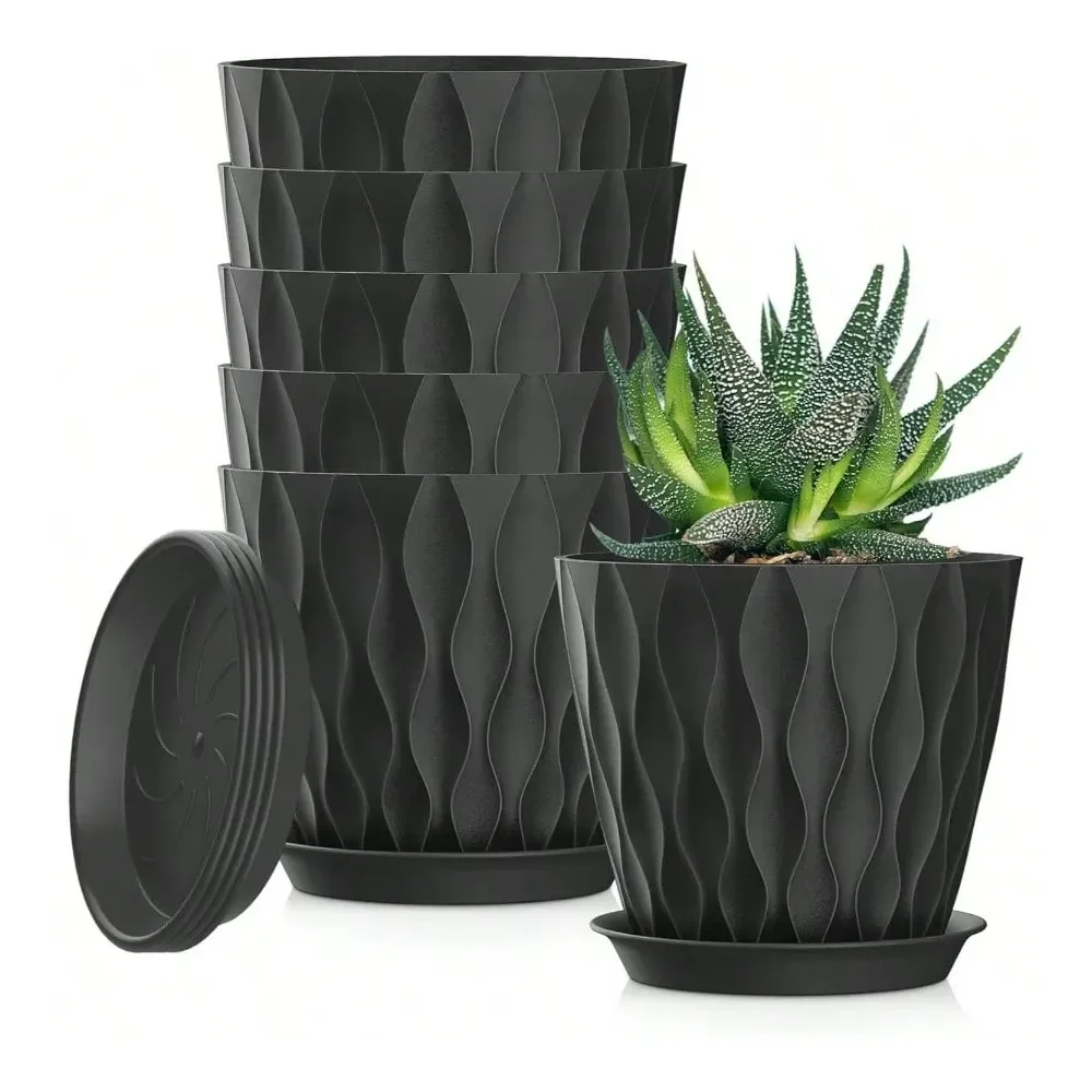 

Plant Pots 5 Pack, Flower Planters With Drainage Holes And Trays, Plastic Pots Indoor Outdoor Plants, White