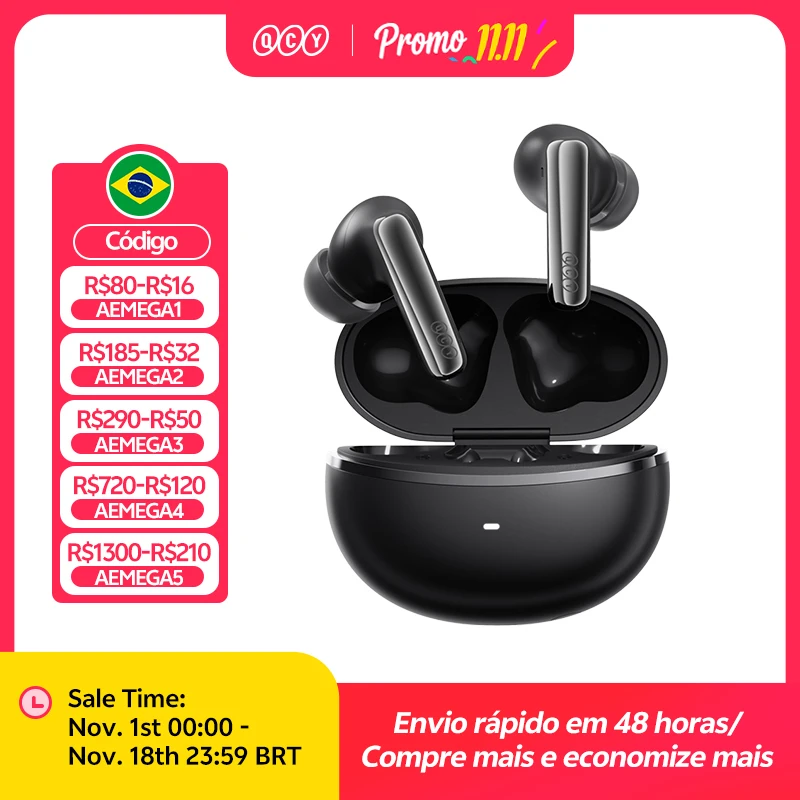QCY MeloBuds N70 Fones de ouvido sem fio ANC Bluetooth 6.0 com cancelamento de ruído adaptativo LDAC, áudio de alta resolução, 6 microfones ENC, 50 horas de reprodução, carregamento sem fio, detecção intra-auricular