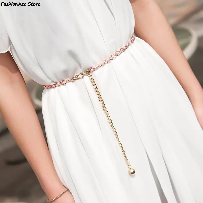 

Fashion Elegant Ladies Metal Adjustable Thin Ladies Waist Chain Women Strap Dress Belt Pearl Decorative Clothess Accessories