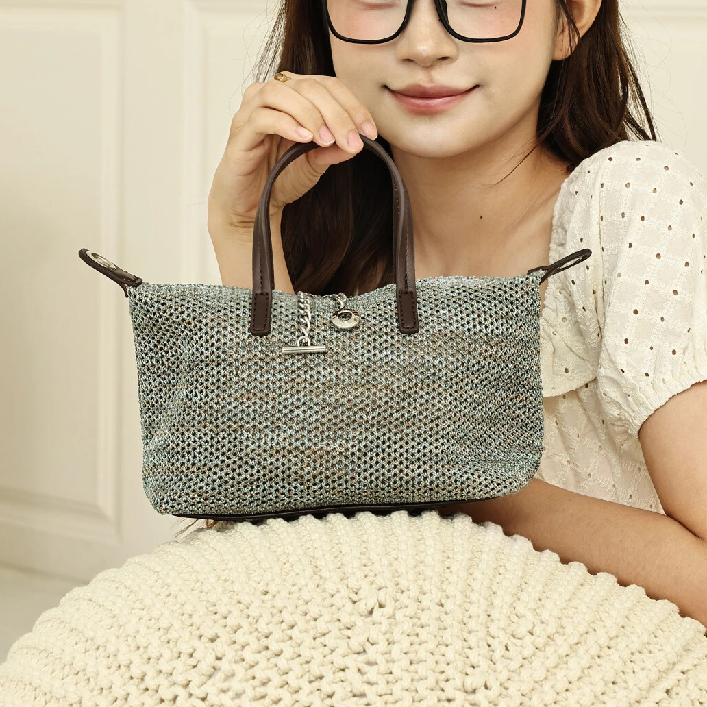 Hollow Out Mixed Color Woven Hand-Held Crossbody Bag with Adjustable Leather Long Shoulder Strap Zipper, Large Capacity, Lightweight