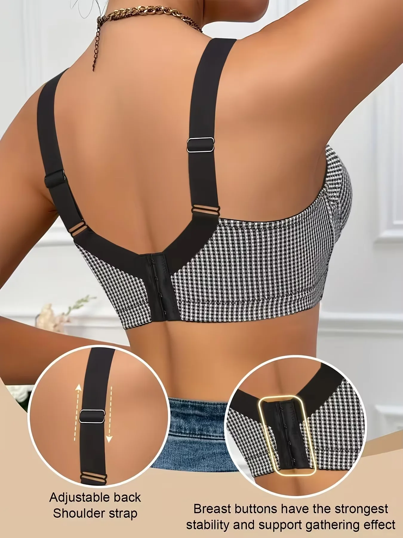 Smooth women's underwear, black and white checkered push up and pull up design, gathered and comfortable bra with skin friendly