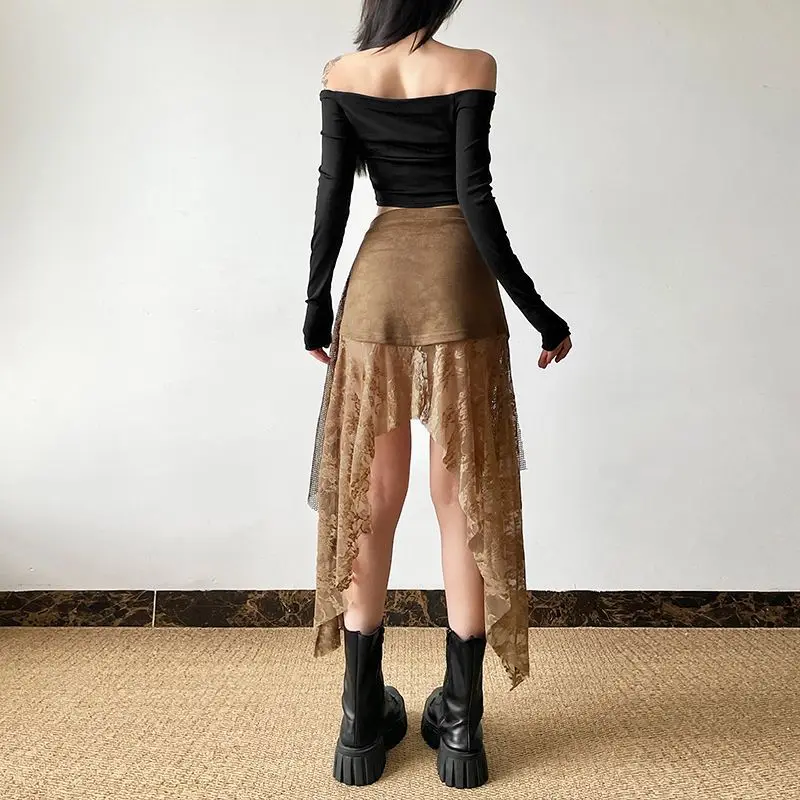 Retro Lace Floral Irregular Mesh Perspective High-Waisted Skirt Women Summer New Niche Design A-Line Short Skirt