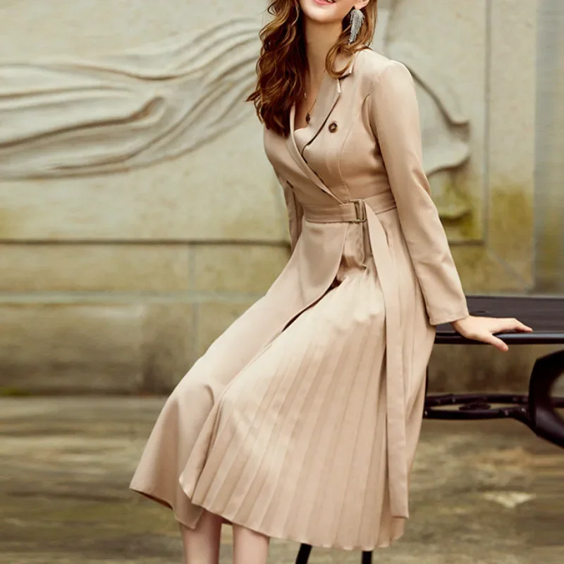 

New Style Casual Suit Dress V-neck Long-sleeved Office Ladies Asymmetrical Long Skirt Slim A-line Dress with Belt Vintage Dress