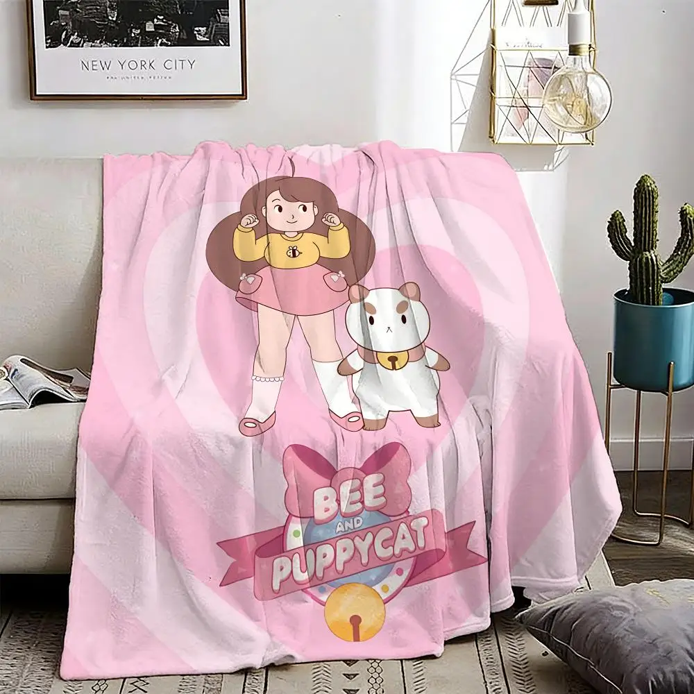 Cartoon Bee And Puppycat Throw Lightweight 240g Flannel Blanket Soft Skin-friendly for Summer Cooling