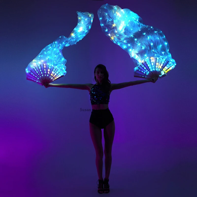 LED Full Color Belly Dance Silk Fan Veil Stage Performance Accessories Lumminous Fans for Dancing Party Wedding