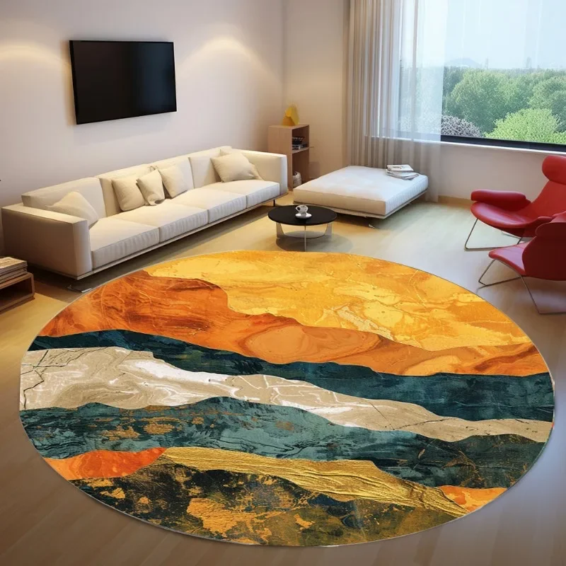 ~O~Modern Nature-Inspired Round Rug with Gold Motif & Vibrant Orange Digital Pattern for Stylish Home Decor