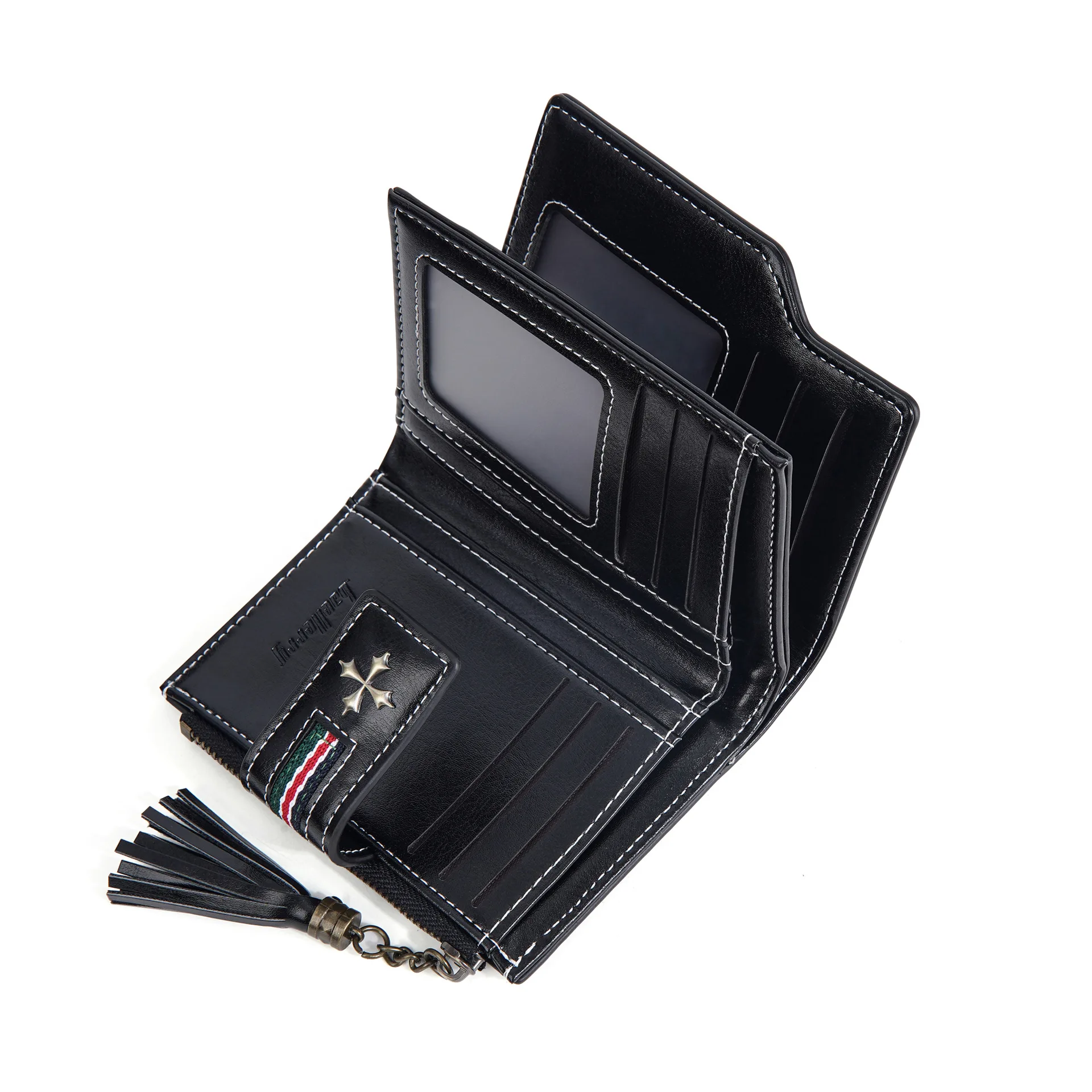 Neue PU-Damenbrieftasche mit Ölwachs-Lederquasten, Modische Dreifach Gefaltete Kurze Geldbörse, Mehrfach-Fach Reißverschluss-Münzbörse – Detail 13