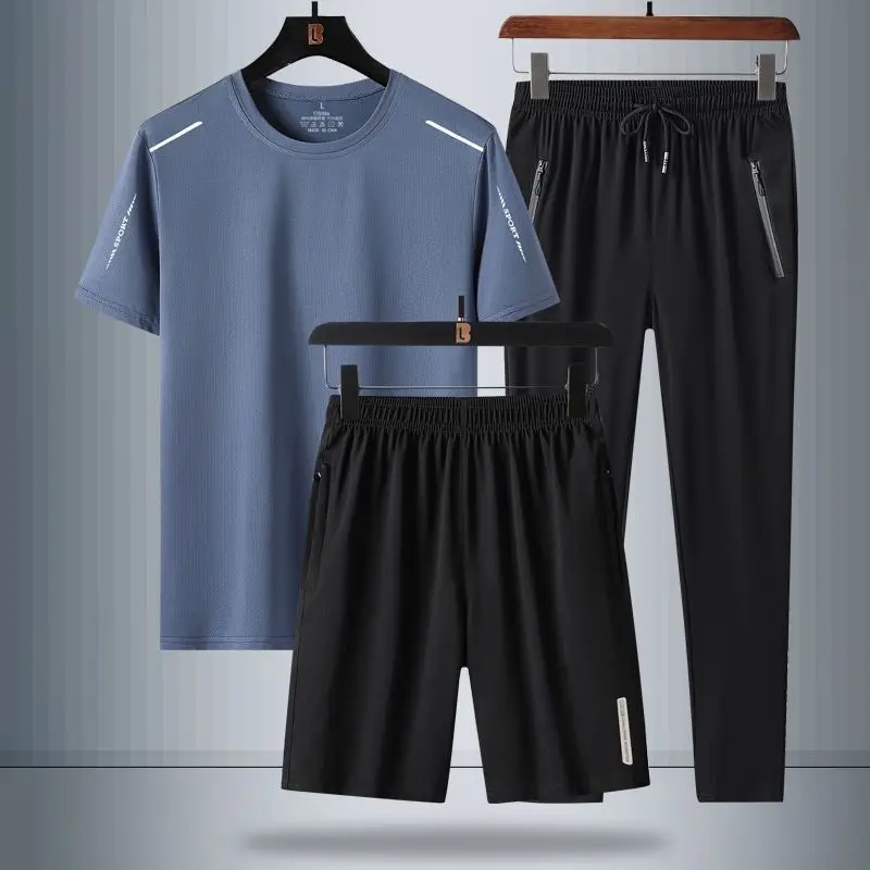 

Ice Silk Three-Piece Set Short Sleeve T-Shirt Men's Long Pants Half Sleeve Shirt Middle-aged And Elderly Sports Leisure Suit