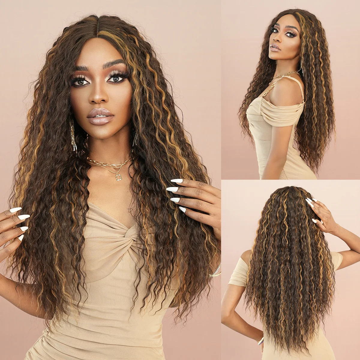 Highlighting Brown Gold Lady& long curly hair  small T lace chemical fiber  big wave wig