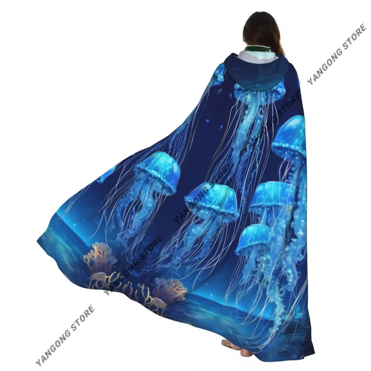 Adult Vampire Cape Hooded Robe Magic Jellyfish Underwater Halloween Cloak Full Length Cosplay