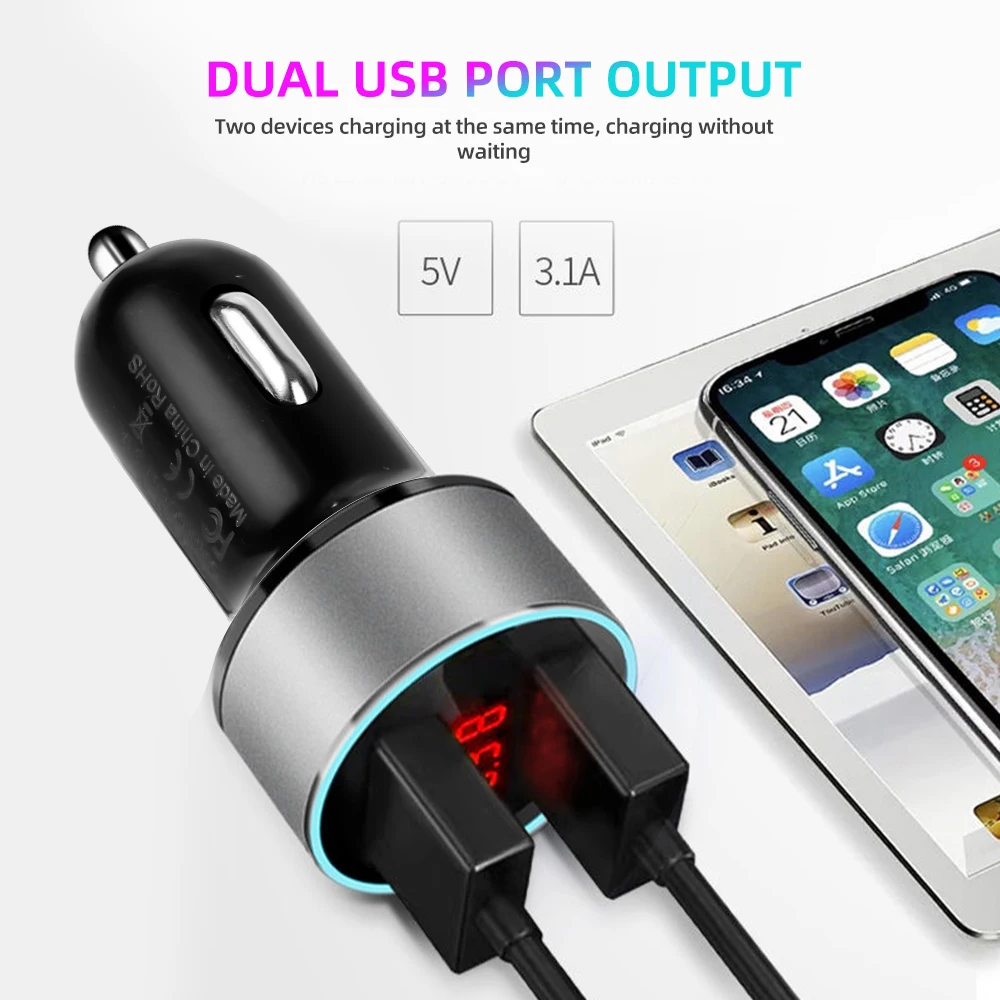 3.1A Dual Usb Car Charger 2 Ports Lcd Display 12V Car Cigarette Lighter Power Adapter Socket Car Phone Charger for iPhone Xiaomi