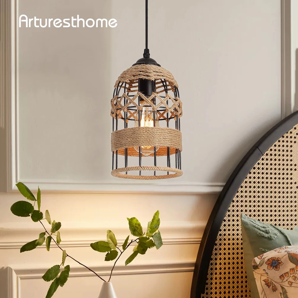 

ARTURESTHOME Industrial Woven Pendant Light Adjustable Metal Hemp Rope Mini Pendant Lighting Fixture for Kitchen Farmhouse