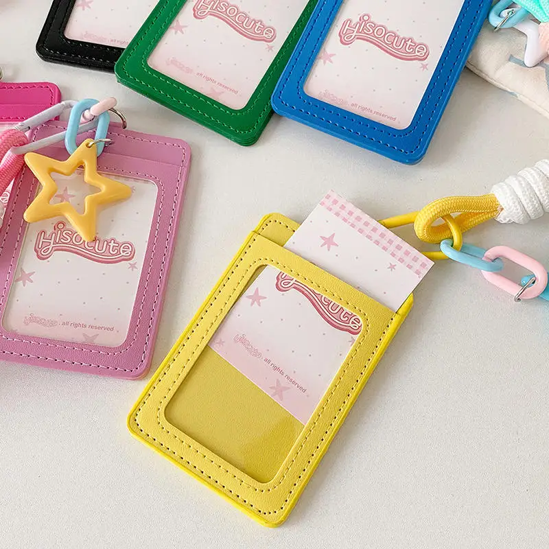 

New Cute PU Leather Card Sleeve Ins Candy Color Woven Rope Keychain 3 Inch Photo Card Holder Star Pendent Bus Card Storage Bag