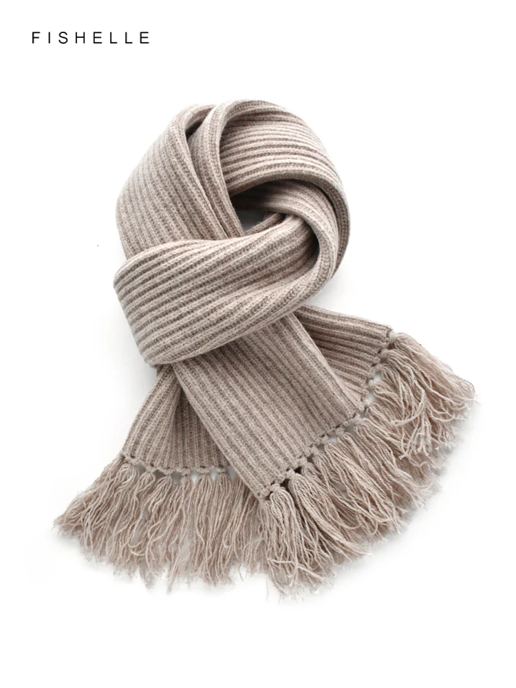 khaki tassels pure 100% wool scarf thick for women's luxury gifts soft warm shawl winter lady soft long scarf knitting