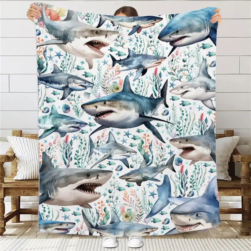 Nautical Ocean Life Shark Print Throw Blanket Coastal Marine Theme Fleece Bed Cover for Living Room Home Decor Nursery Gift