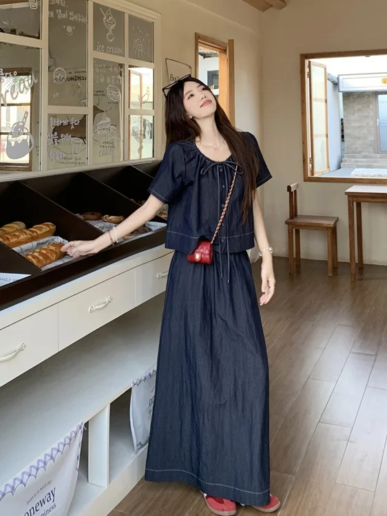 

Новая летняя джинсовая юбка больших размеров для женщин: ретро-стиль, воротник «кукла», завязки на талии, высокая талия, повседневная, модная, в корейском стиле