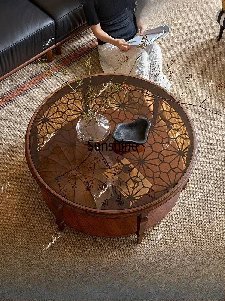 French retro double glass countertop coffee table solid wood carving flower hollow