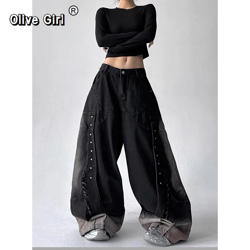 Olivegirl Women's Wide Leg Baggy Jeans Goblin Core Abi Denim Cargo Pants American Retro Hip-pop Y2K Harajuku Cowboy High Street