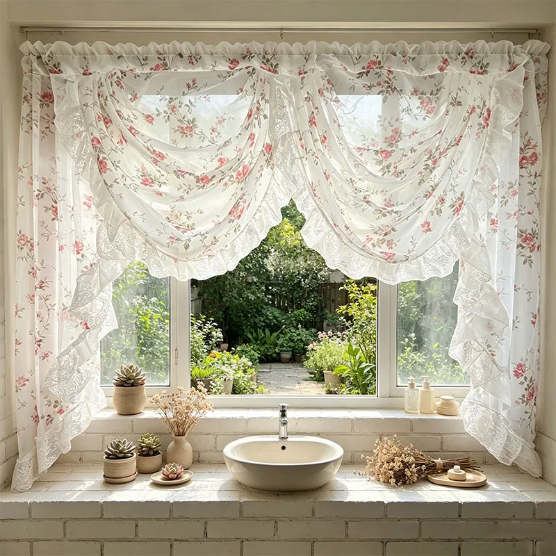 1pc Sweet Rose Floral Waterfall Swag Curtain, Terylene Print Multi‑Tier Lace Ruffle for Cottage Vanity Window Decor