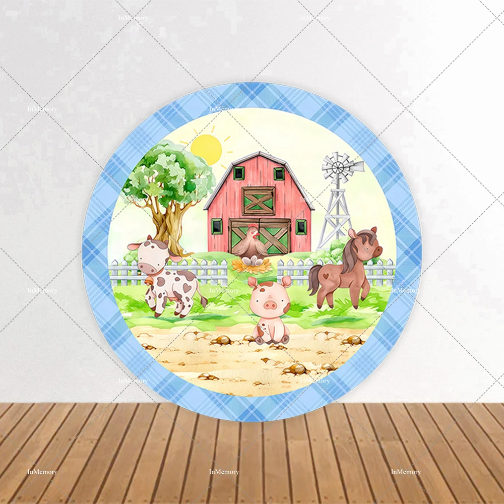 Blue Boy Farm Theme Birthday Party Round Arch Backdrop Baby Animals Red Barn Wooden Fence Background Decor Haystack Plinth Cover