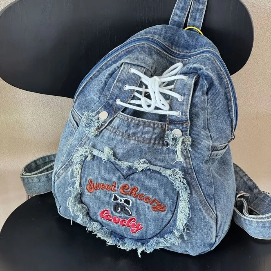 Cute Pink Denim Women Backpacks Large capacity shoulder Bags Girls School Bags Embroidered letters daypacks Travel Jean Bagpack
