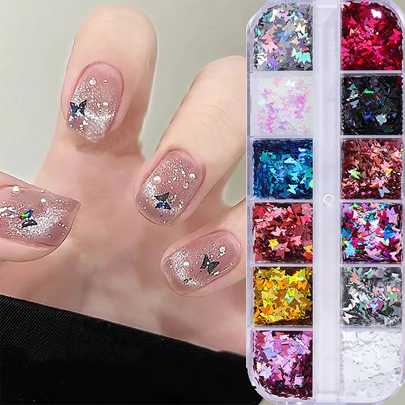 12 Grids/box Ultra-thin Glitter Gradient Nail Enhancements Butterfly Sequins Star Bow Shapes Nail Art Decorations Accessories