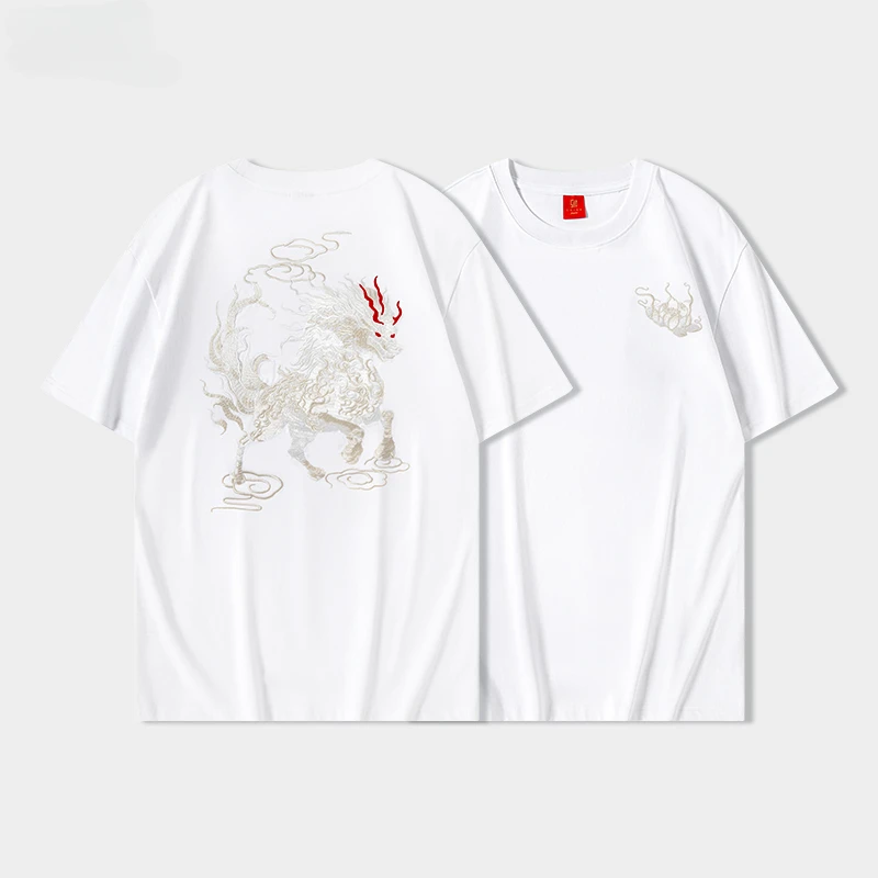 Men T Shirt Embroidery Cotton Animal T Shirt Harajuku Chinese Kylin Fashion Short Sleeve Tees Loose Cool O Neck Summer Top Male