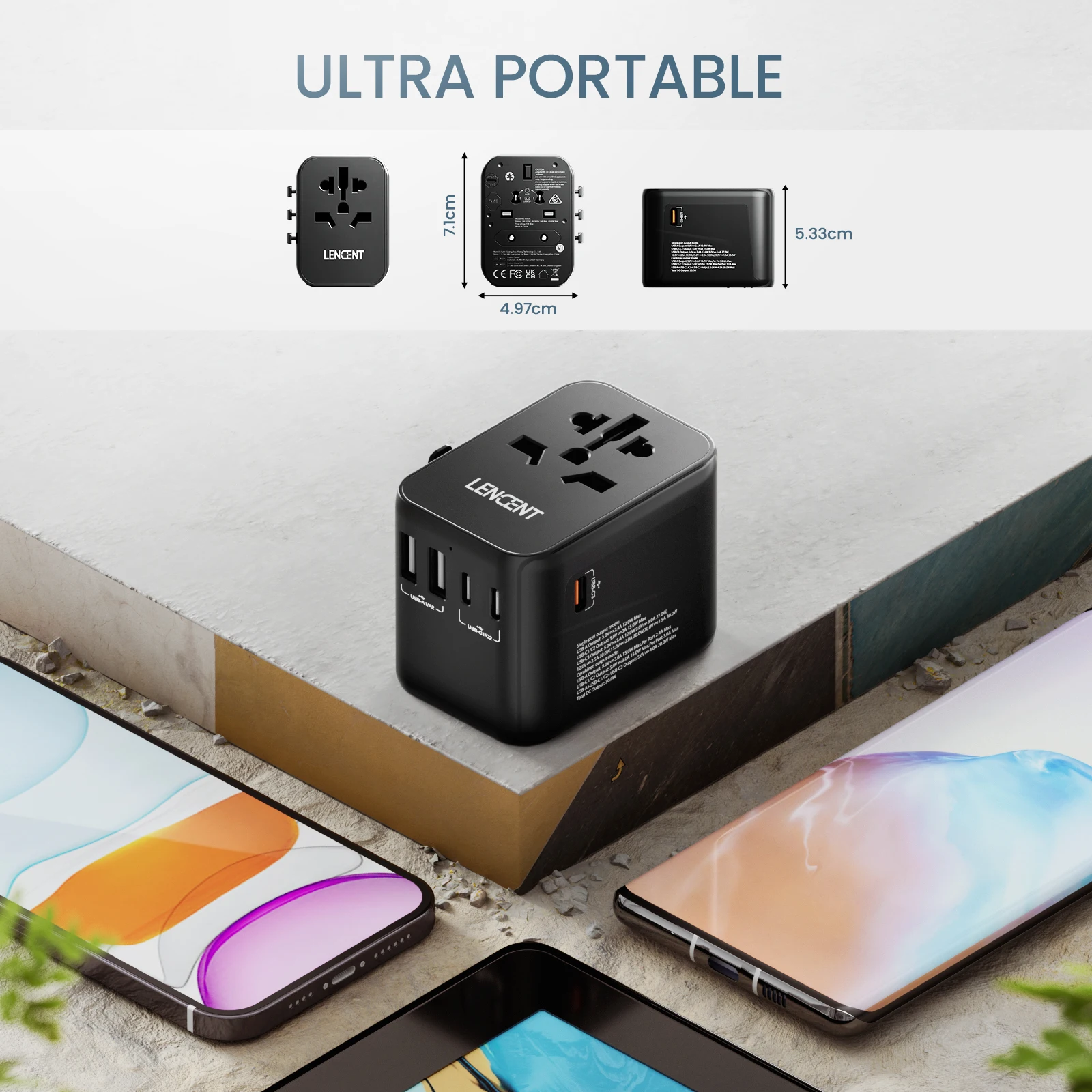 LENCENT 30W Universal Travel Adapter With 2 USB Port and 3 Type C All-in-one Travel Charger Adapter for US EU UK AUS Travel