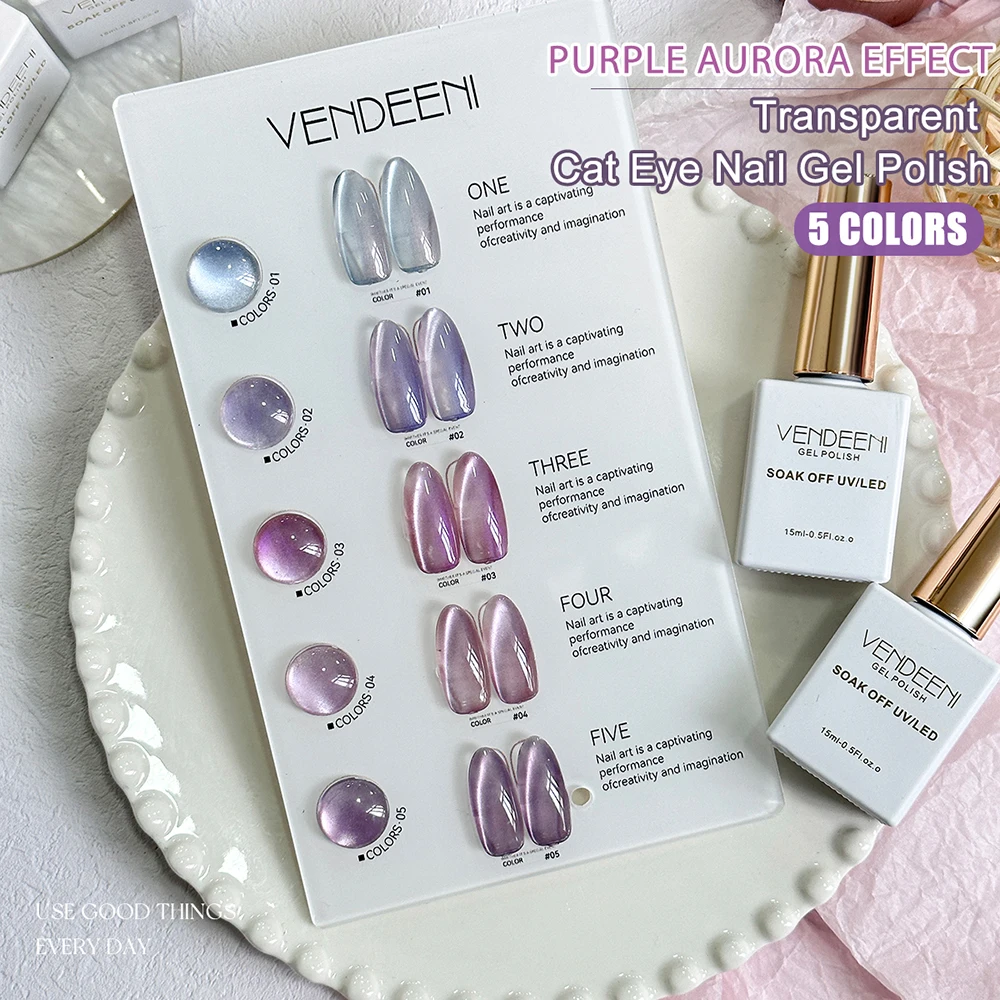 Vendeeni 5 Farben/Set Lila Katzenaugen-Gel-Nagellack Magnetischer UV-LED-Gel-Lack Aurora-Effekt Katzenaugen-Gel-Lack mit Display – Detail 7