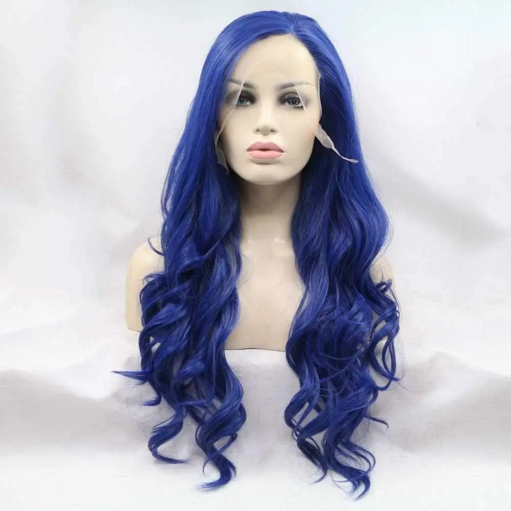 

Синтетический синий парик с кружевной передней частью для женщин, длинный волнистый парик из термостойкого волокна, удобный кружевной топ с естественным видом