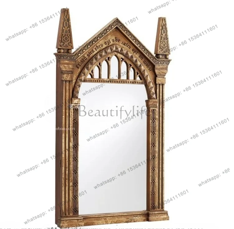

French old solid wood full-length mirror carved storage mirror