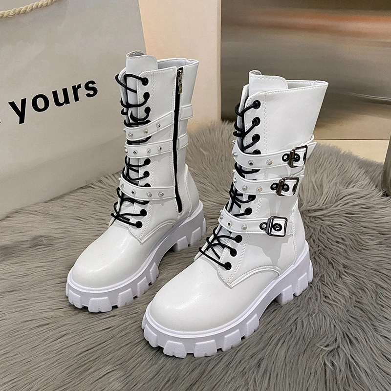 Goth Boots Woman Winter 2022 WOMEN ANKLE BOOTS Platform Shoes Sneakers Studded Belt Buckle Punk Army Chunky Heels Mid Calf Boots