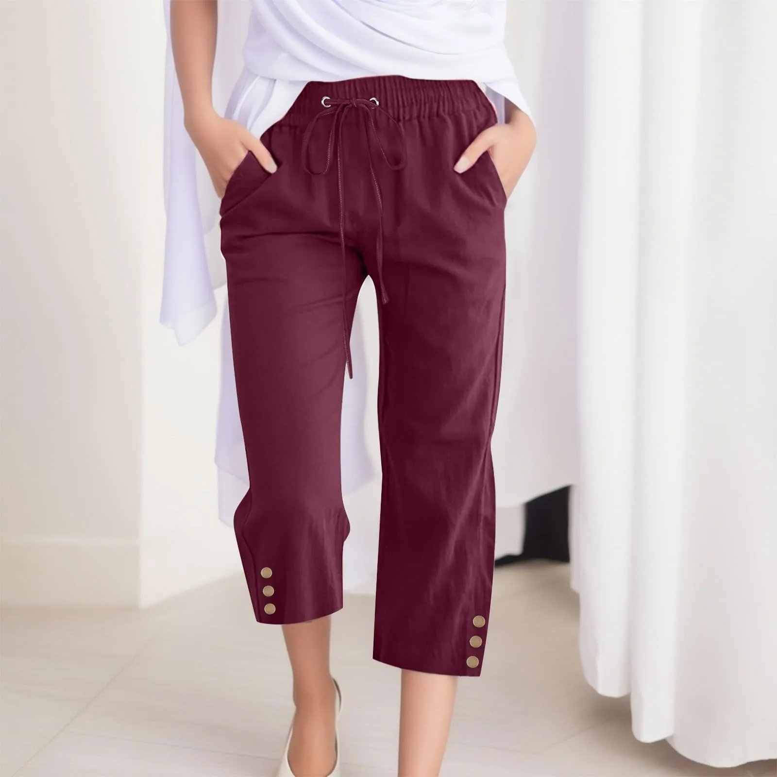 Pantaloni da donna oversize in cotone e lino primaverile Tasche lunghe bianche Pantaloni larghi Donna Estate Nuovo fondo da donna alla moda casual