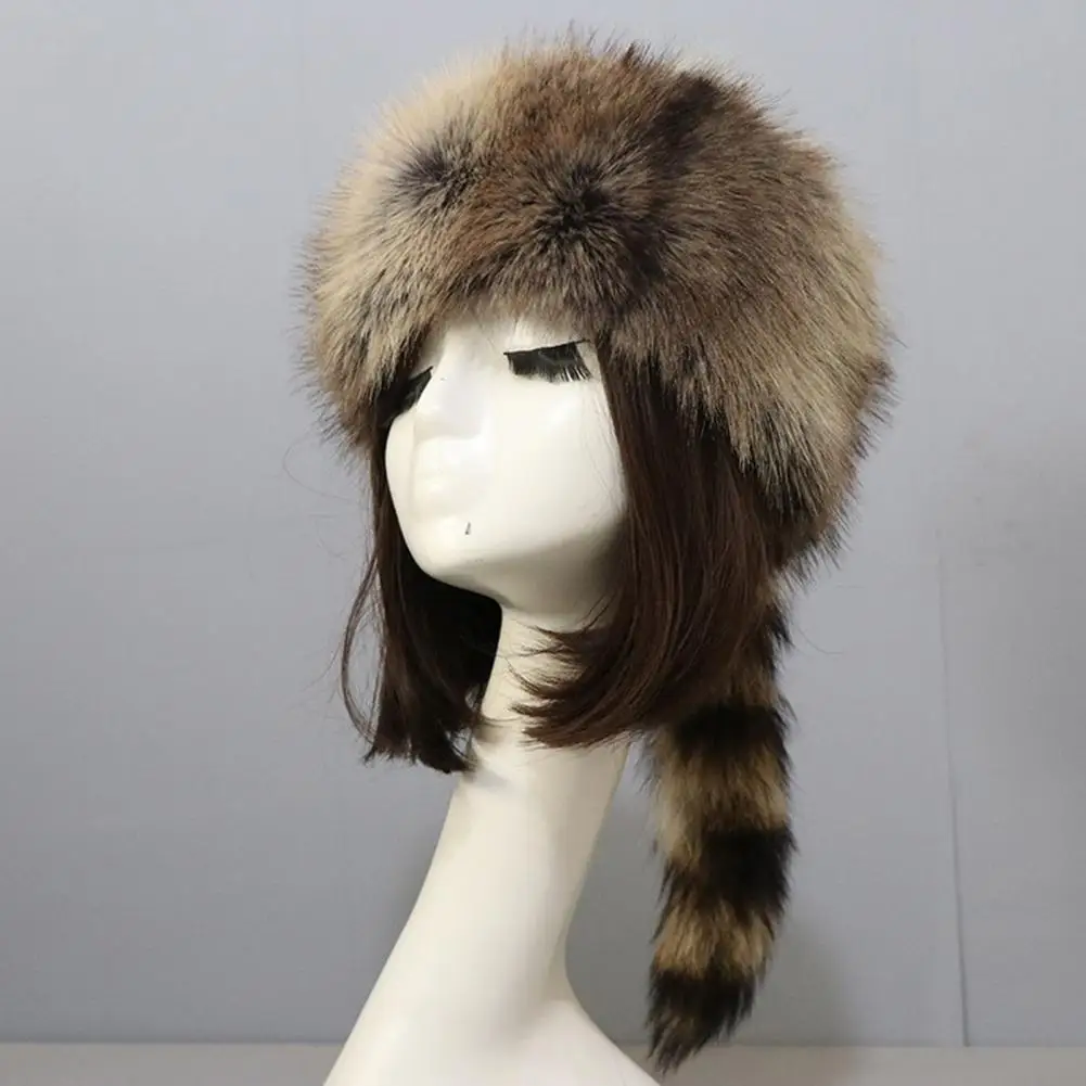 Ladies Winter Hat Soft Thick Faux Fur Decor Heat Retention Cossack Windproof Anti-slip Elastic Flat Top No Brim Washable Cap