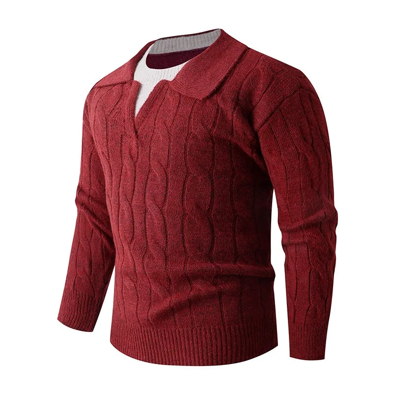 

Мужской свитер-поло с косами, контрастным воротником и длинными рукавами, повседневный джемпер