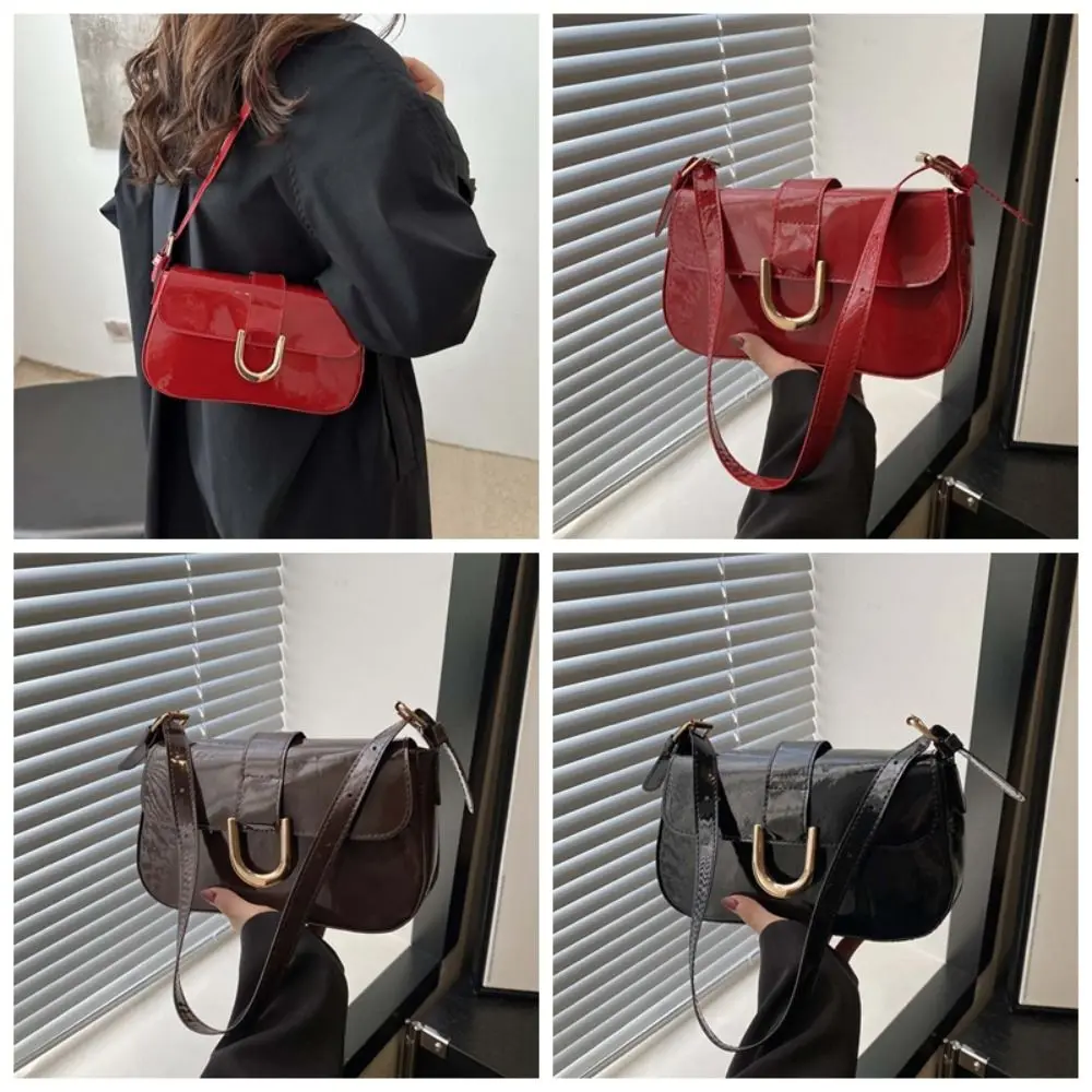 Bolso de hombro de charol con cierre de Vachette, bolso cruzado con solapa de lujo brillante de gran capacidad, correa ajustable de Color sólido