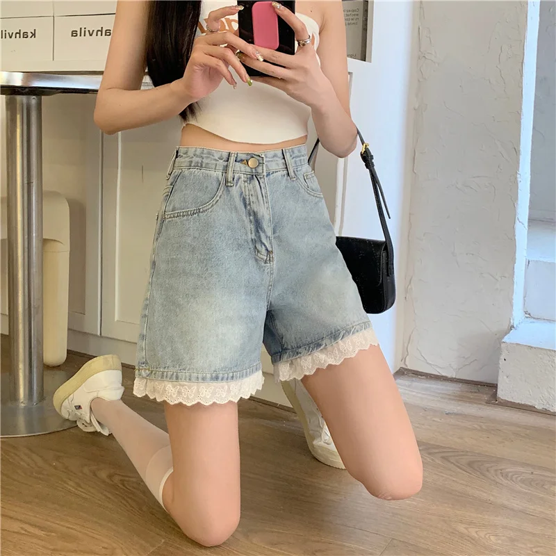 

Summer Thin Lace ort Pants Women's Spicy High Waist Wide Leg Jeans Hot Pants Casual High Waist Denim Skinnies for plus Size