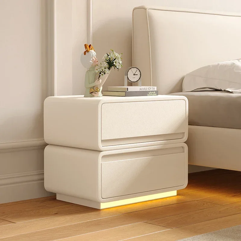 Solid wood leather bedside table Modern simple bedroom Small bedside storage cabinet Cream wind storage cabinet Free installatio