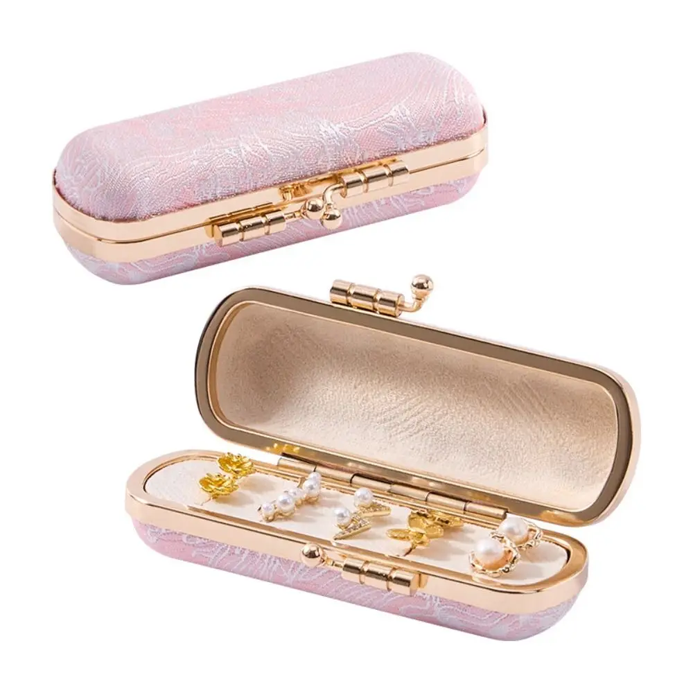 Vintage Metal Frame Jewelry Carrying Box Hard Shell Soft Lining Ring Case Floral Pattern Clasp Closure Ring Organizer Going Out