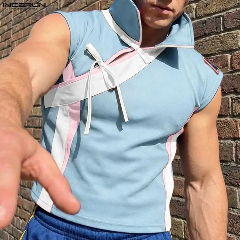 INCERUN Men Tank Tops Patchwork Color-block Lapel Sleeveless Men Clothes Summer Streetwear 2026 Lace Up Hollow Out Tops For Man