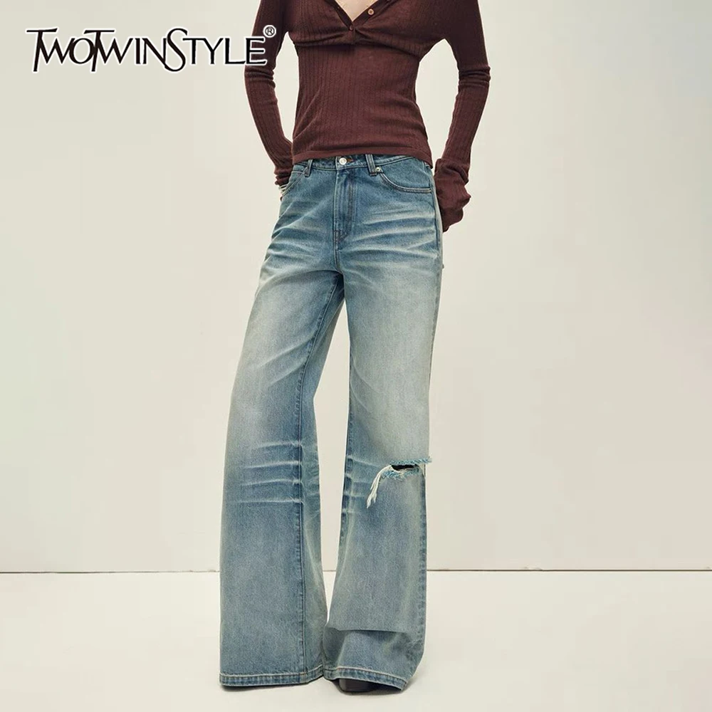 

Брюки-клеш TWOTWINSTYLE синие, с вырезами, женские, с высокой талией, свободные, в стиле ретро, осенняя новинка, модные