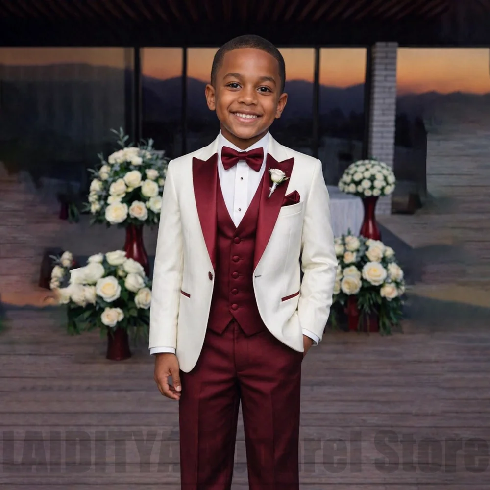 Fashion Boys Three Piece Tuxedo Suit Satin Peak Lapel One Button Wear Kids Evening Wedding Page Boy Birthday Party Formal Outfit