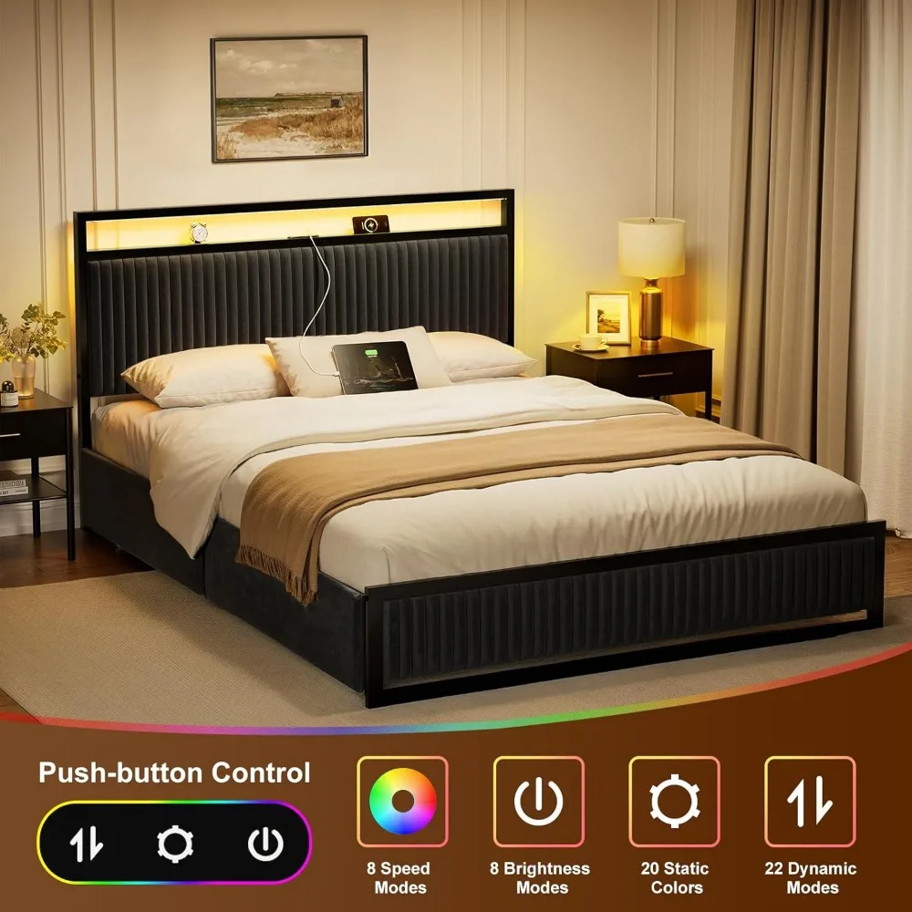 إطار سرير بمنصة مخملية منجدة بالحجم الكامل مع أدراج تخزين، ومحطة شحن USB مدمجة وشريط إضاءة LED، Sturdy Me