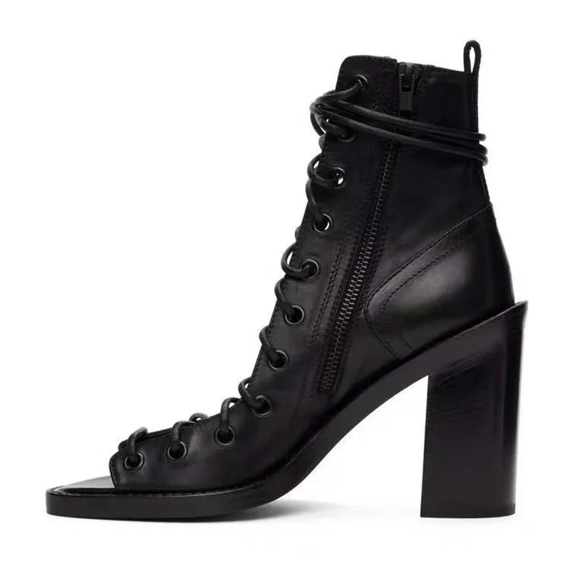 

Women Autumn Summer Round Toe Lace-Up Shoes Woman's Crude Heel Zipper-Sid Hollow Out Shoes Sexy Ladies Party Ankle Strap Boots