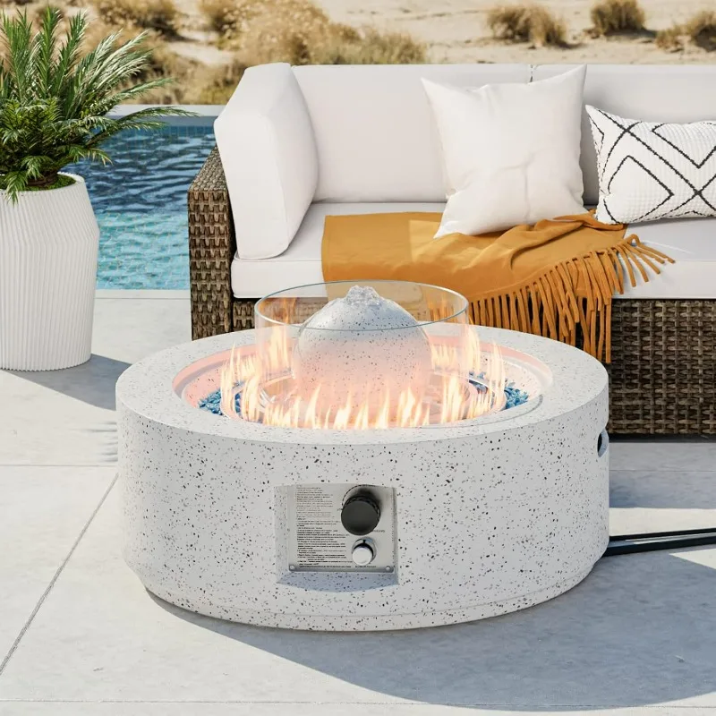 Outdoor Propane Fountain Fire Pit Table, 29.3-inch 50,000 BTU Firepit Round Terrazzo White Patio Heater, Stainless Steel Burner