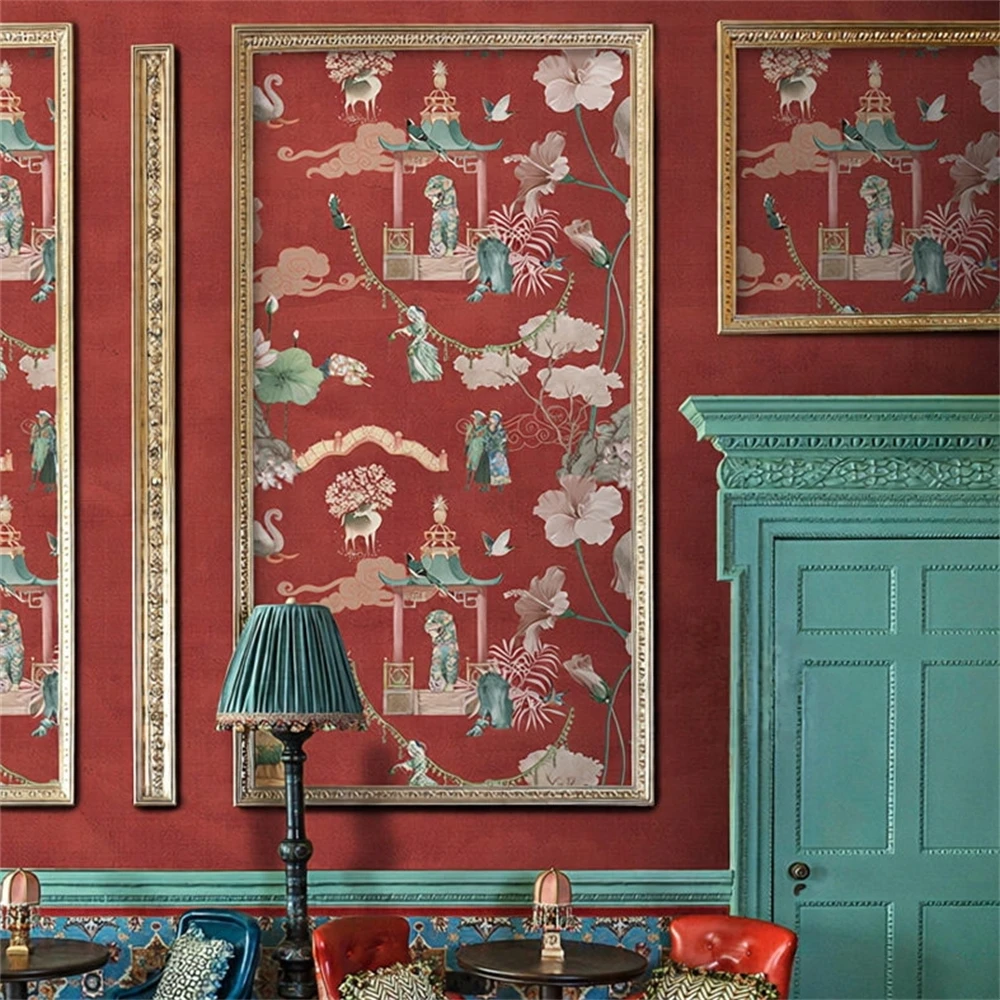 custom Retro dark red Chinese wallpapers for living room Forbidden City flower and bird wallpaper TV background mural wall paper
