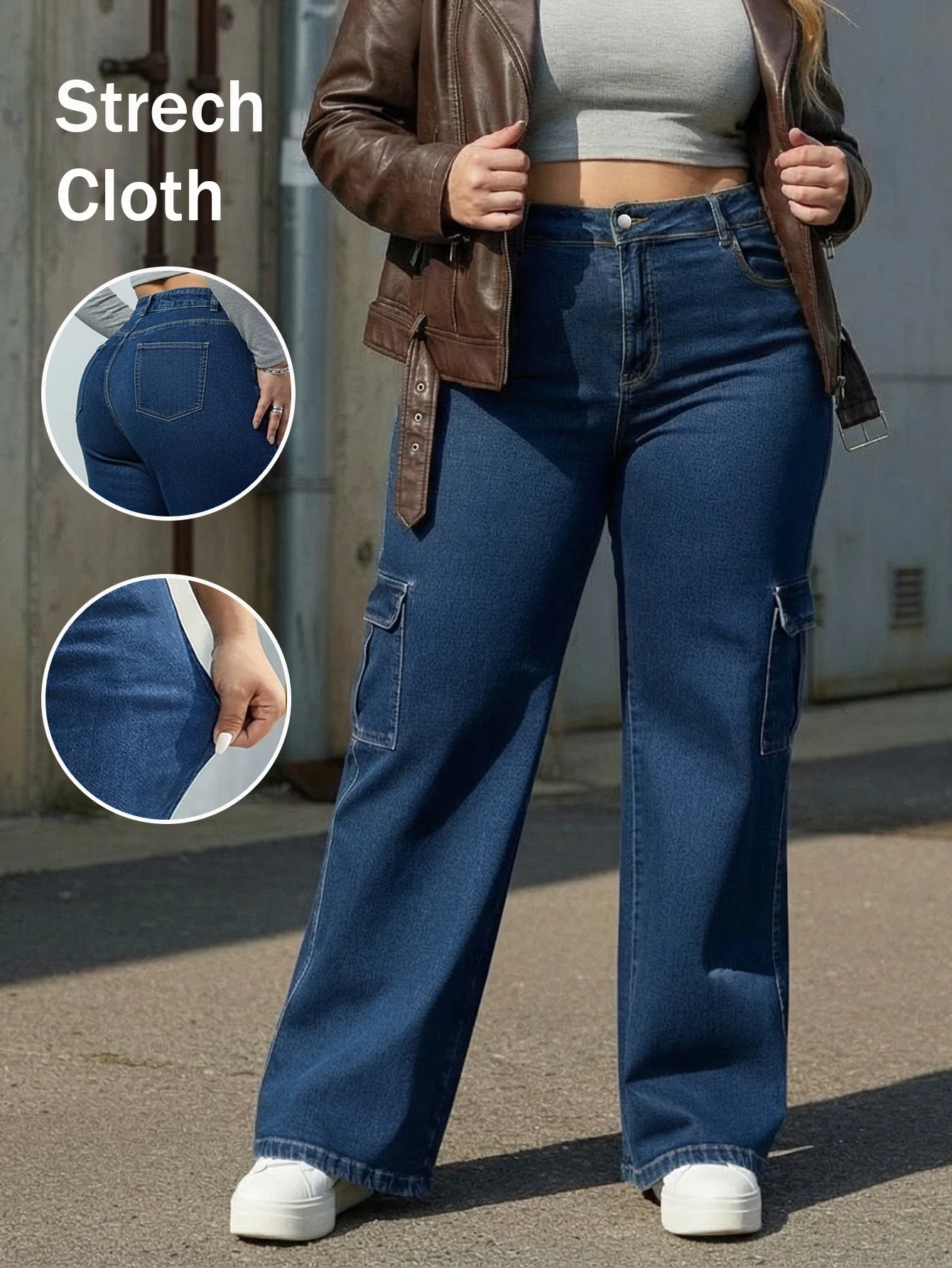 

Plus Size High Stretch Denim Cargo Pants with Wide Leg and Utility Pockets