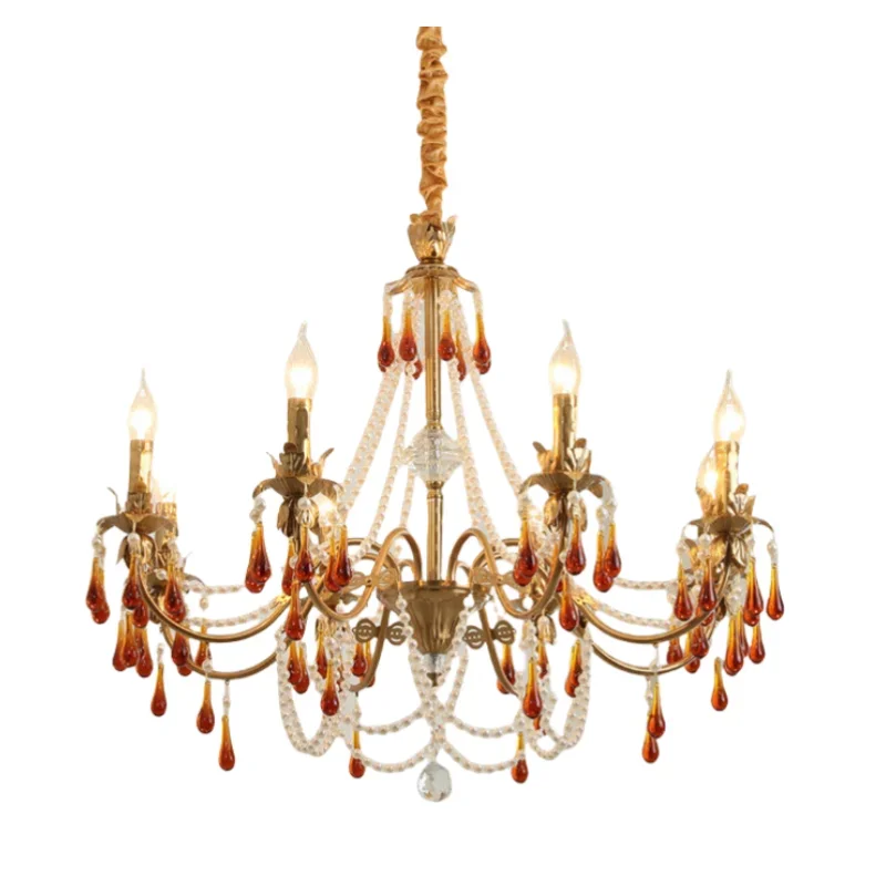 Living Room French Candle Chandelier Luxury Copper E14 Led Pendant Light Lustre Red Crystal Hanging Lamp Led Luminarias Lighting
