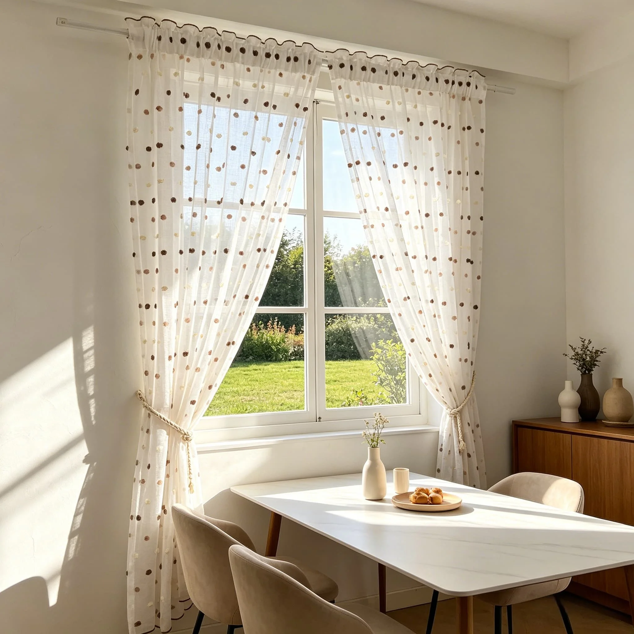 

Bohemian Embroidered Candy Wool Ball Splicing Brown Tassel Gauze Curtain Villa Farmhouse Sheer Tulle Short Coffee Curtain